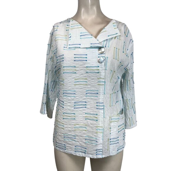 HABITAT - WOMEN SMALL - WHITE 3/4 SLEEVE V NECK BUTTON COTTON BLEND TOP BOHO ART - Picture 1 of 8